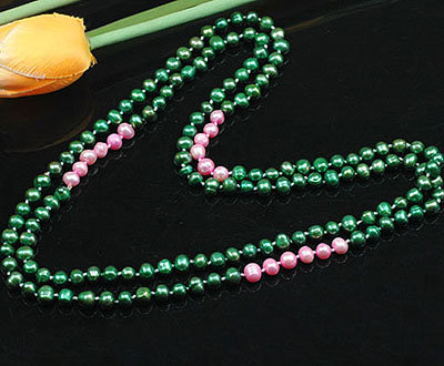 1 x Halskette mit Zuchtperlen in Gr&uuml;n und Rosa